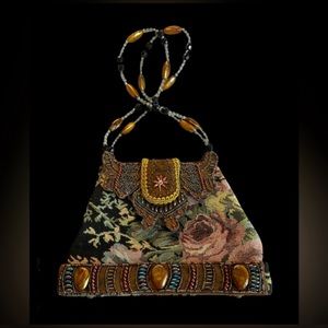 Vintage Rose Floral Tapestry Beaded Purse - Multi Colored Beads